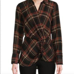 NWOT Laundry brown, rust, and black plaid faux wrap collared blouse